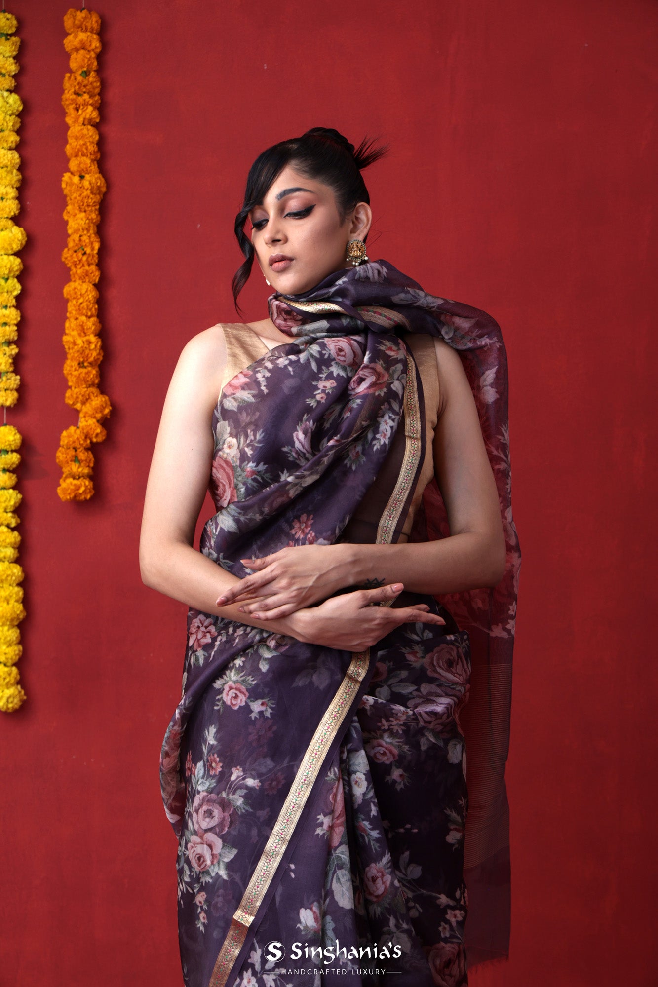 English Violet Printed Organza Designer Saree With Floral Design