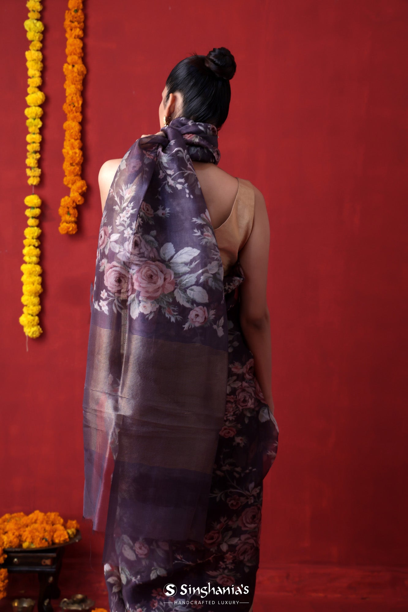 English Violet Printed Organza Designer Saree With Floral Design
