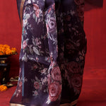 English Violet Printed Organza Designer Saree With Floral Design
