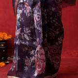 English Violet Printed Organza Designer Saree With Floral Design
