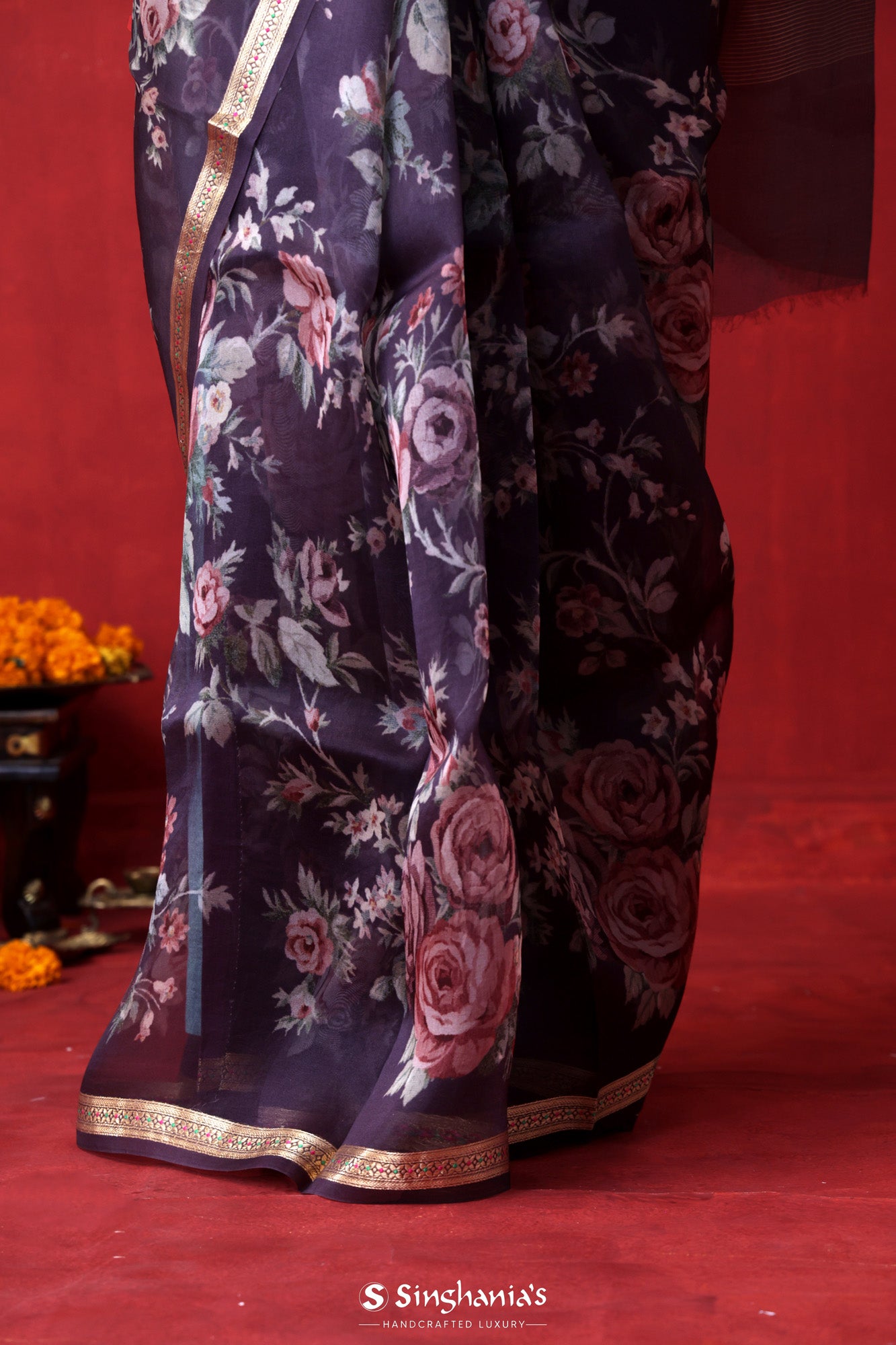 English Violet Printed Organza Designer Saree With Floral Design