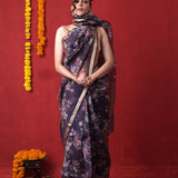 English Violet Printed Organza Designer Saree With Floral Design