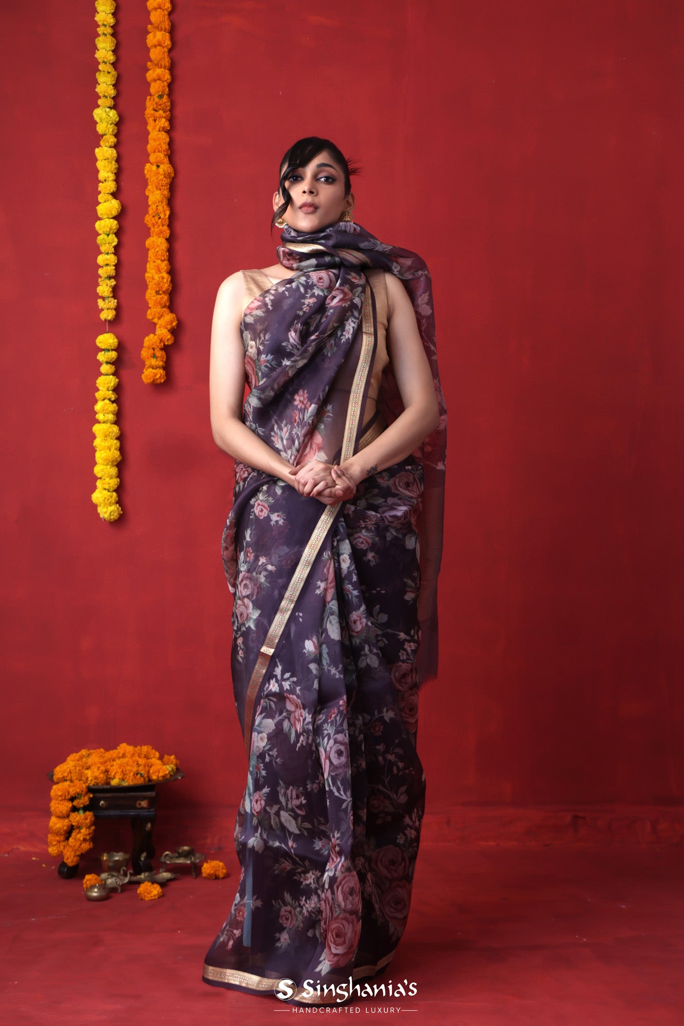 English Violet Printed Organza Designer Saree With Floral Design