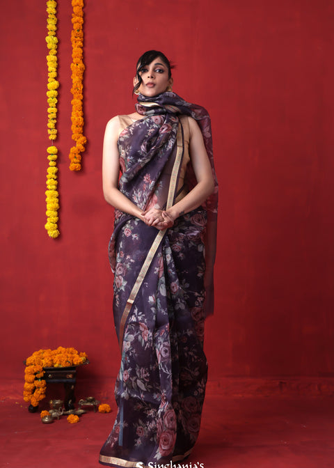 <img> English Violet Printed Organza Designer Saree With Floral Design