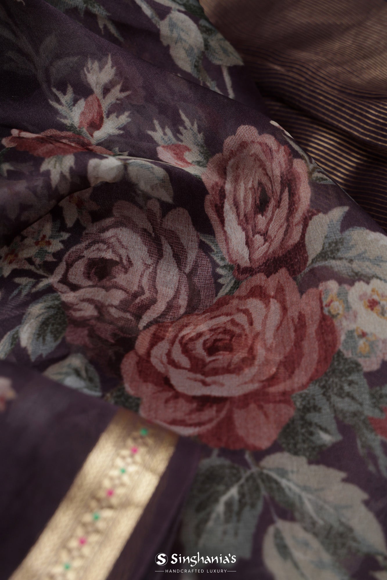 English Violet Printed Organza Designer Saree With Floral Design