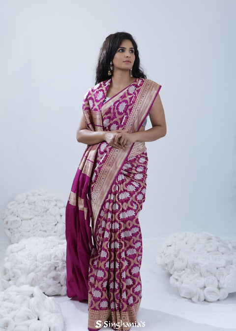 <img> Traffic Purple Banarasi Silk Saree With Floral Ogival Weaving