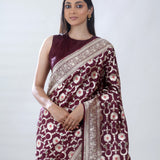 Deep Brown Katan Banarasi Silk Saree With Floral Jaal Weaving