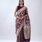 Deep Brown Katan Banarasi Silk Saree With Floral Jaal Weaving