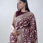 Deep Brown Katan Banarasi Silk Saree With Floral Jaal Weaving