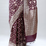 Deep Brown Katan Banarasi Silk Saree With Floral Jaal Weaving