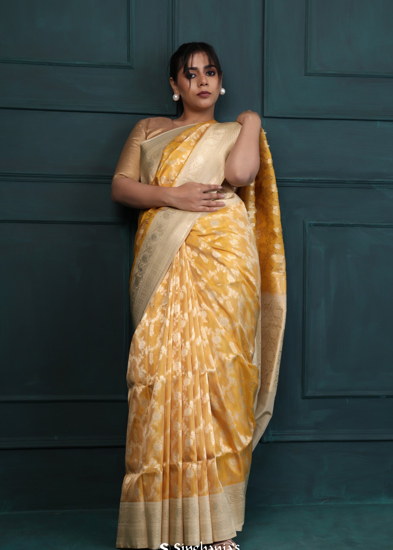 Traditional Gold Banarasi Silk Saree With Floral Jaal Pattern