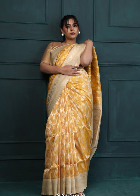 <img> Traditional Gold Banarasi Silk Saree With Floral Jaal Pattern