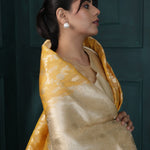 Traditional Gold Banarasi Silk Saree With Floral Jaal Pattern