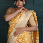 Traditional Gold Banarasi Silk Saree With Floral Jaal Pattern