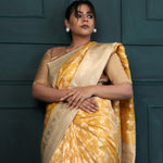 Traditional Gold Banarasi Silk Saree With Floral Jaal Pattern