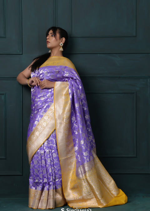 <img> Medium Purple Banarasi Silk Saree With Floral Jaal Pattern