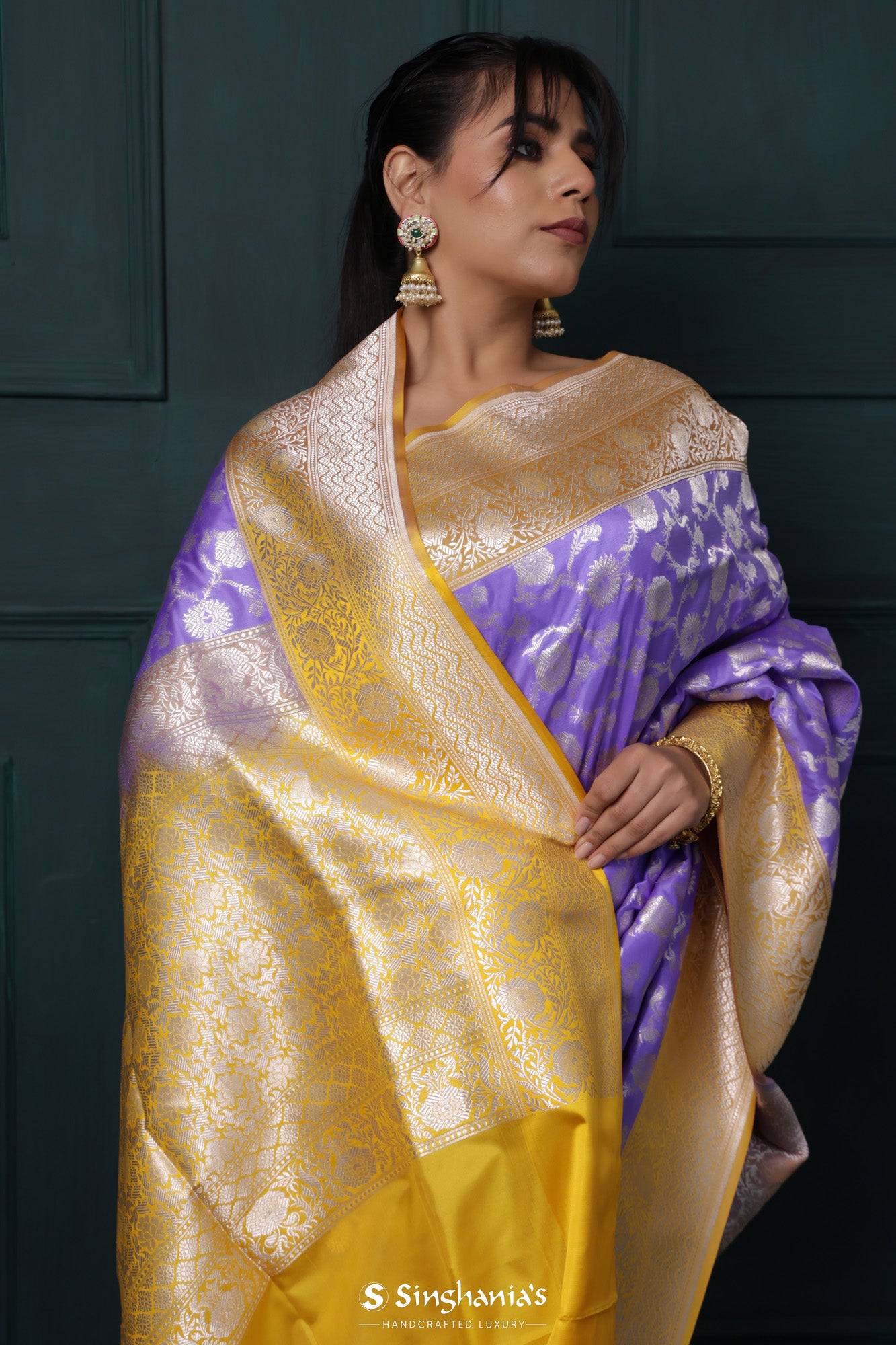 Medium Purple Banarasi Silk Saree With Floral Jaal Pattern