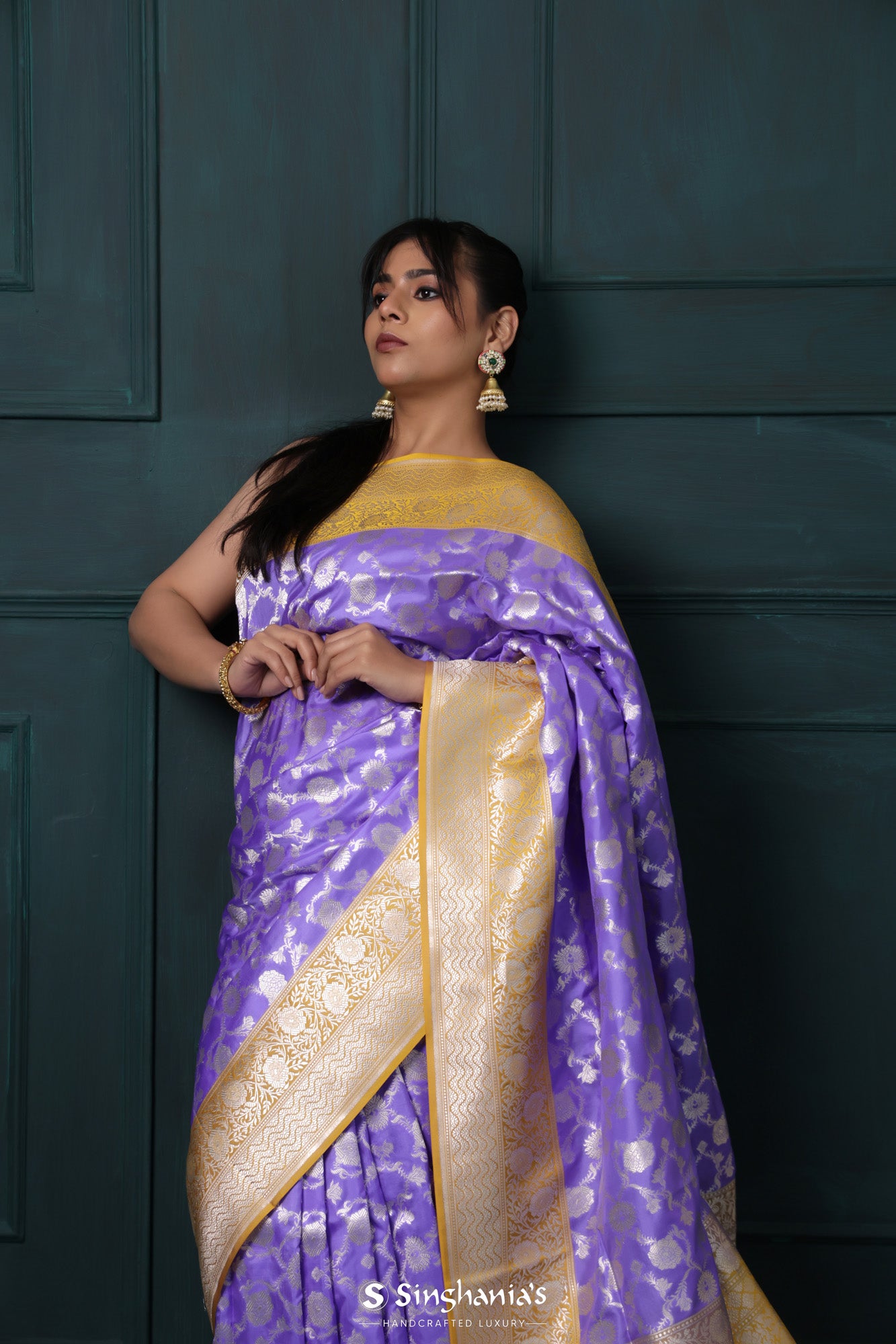 Medium Purple Banarasi Silk Saree With Floral Jaal Pattern
