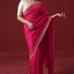 Rubine Red Handcrafted Satin Saree With Floral Butti