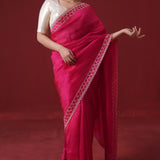 Rubine Red Handcrafted Satin Saree With Floral Butti