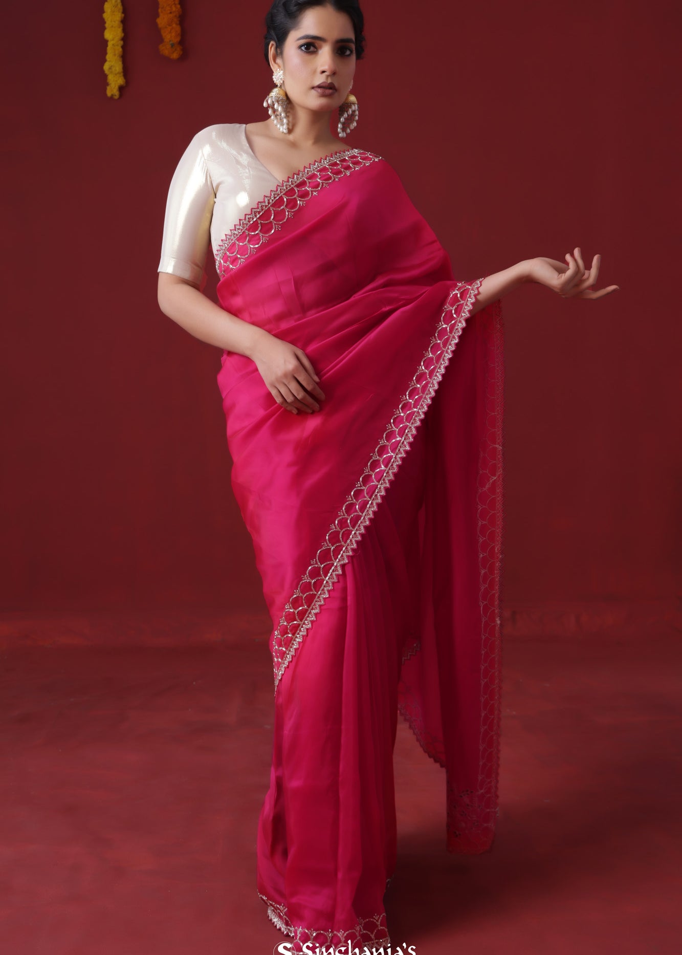 Rubine Red Handcrafted Satin Saree With Floral Butti