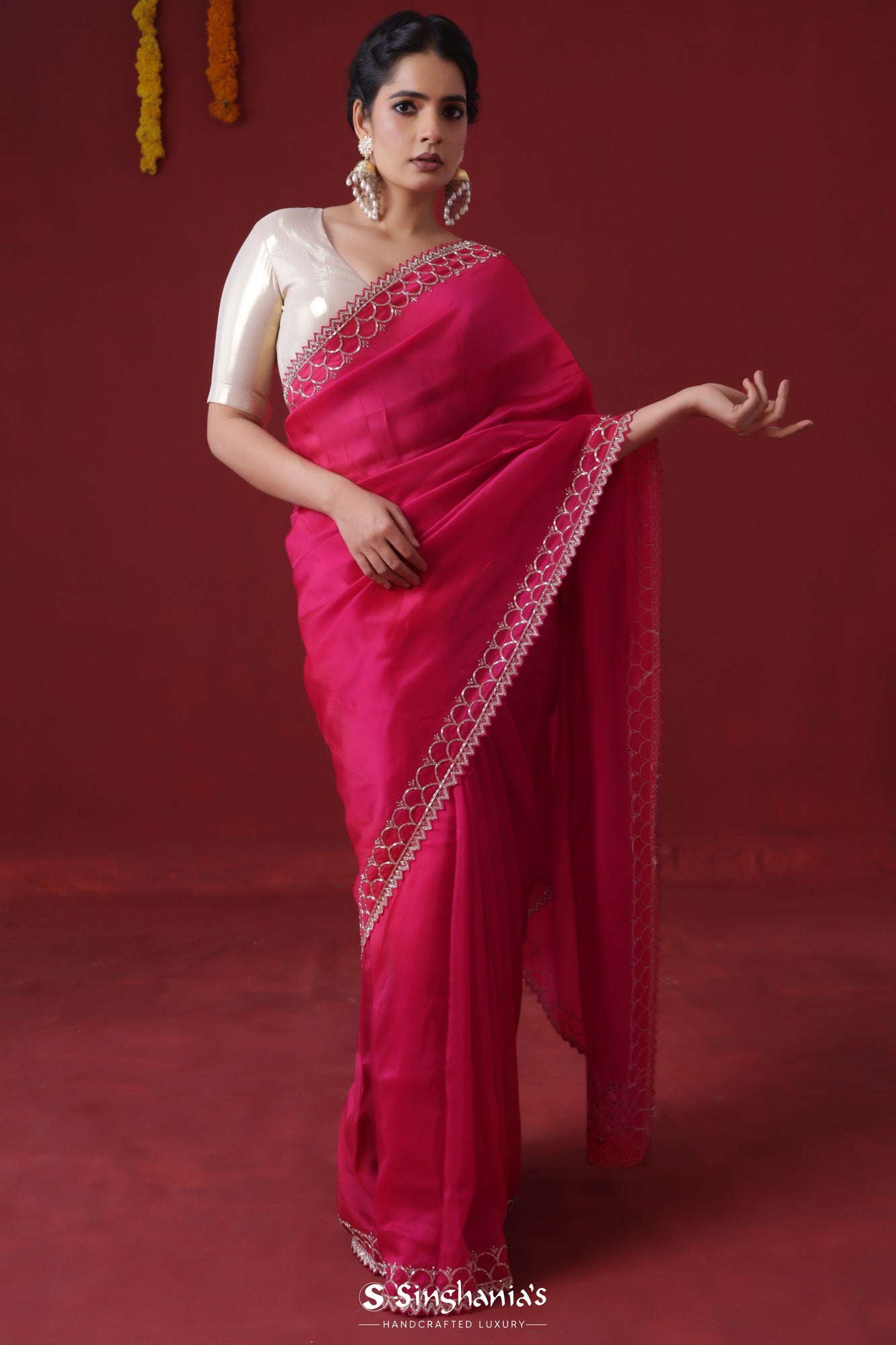 Rubine Red Handcrafted Satin Saree With Floral Butti