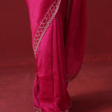 Rubine Red Handcrafted Satin Saree With Floral Butti