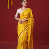 Canary Yellow Modal Satin Saree With Hand Embroidery