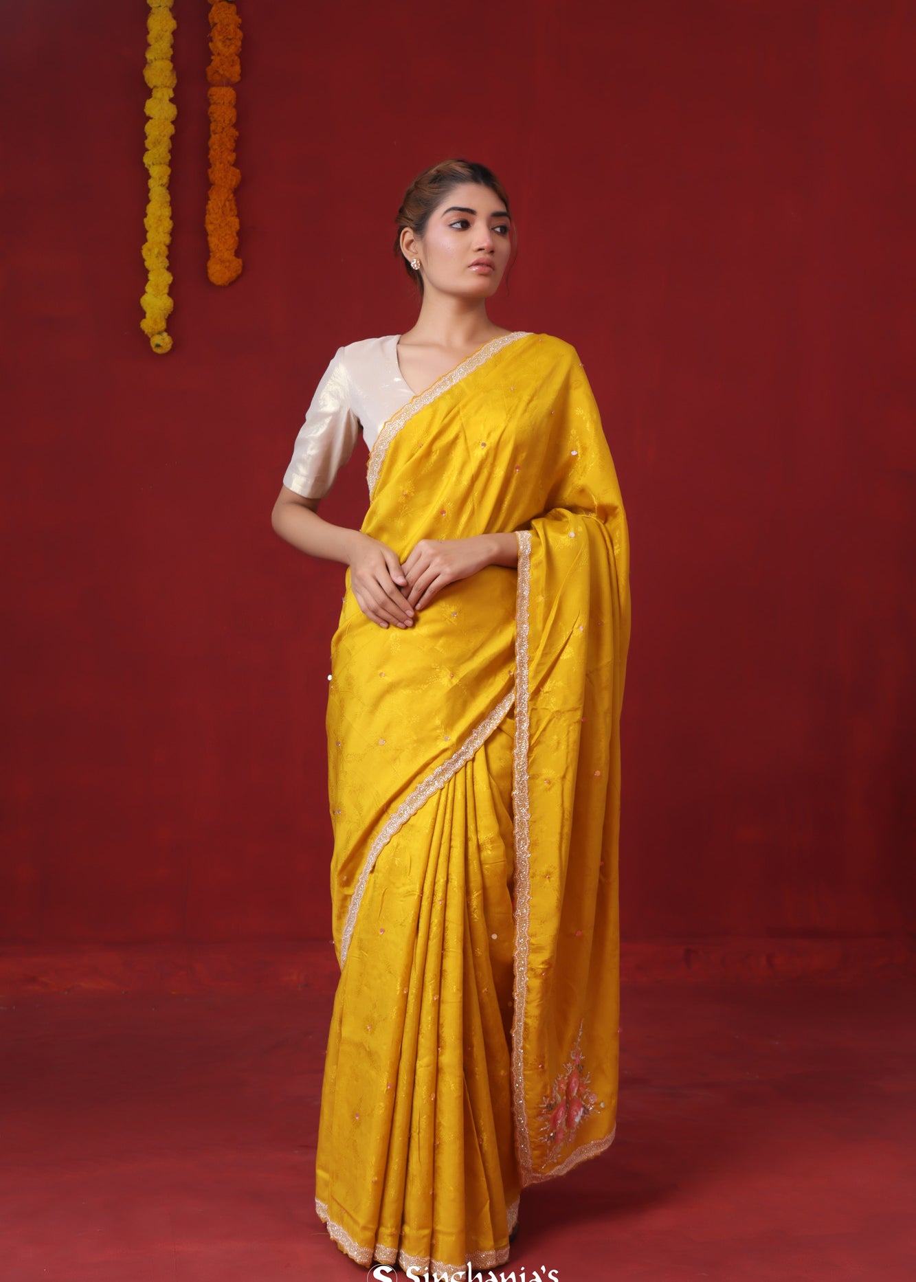 Canary Yellow Modal Satin Saree With Hand Embroidery