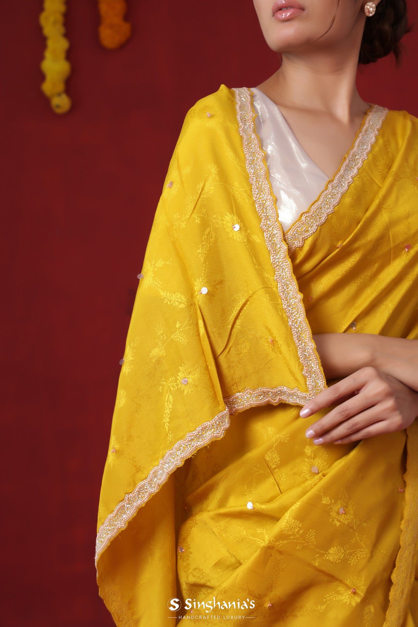 Canary Yellow Modal Satin Saree With Hand Embroidery