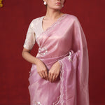 Carnation Pink Tissue Organza Saree With Hand Embroidery
