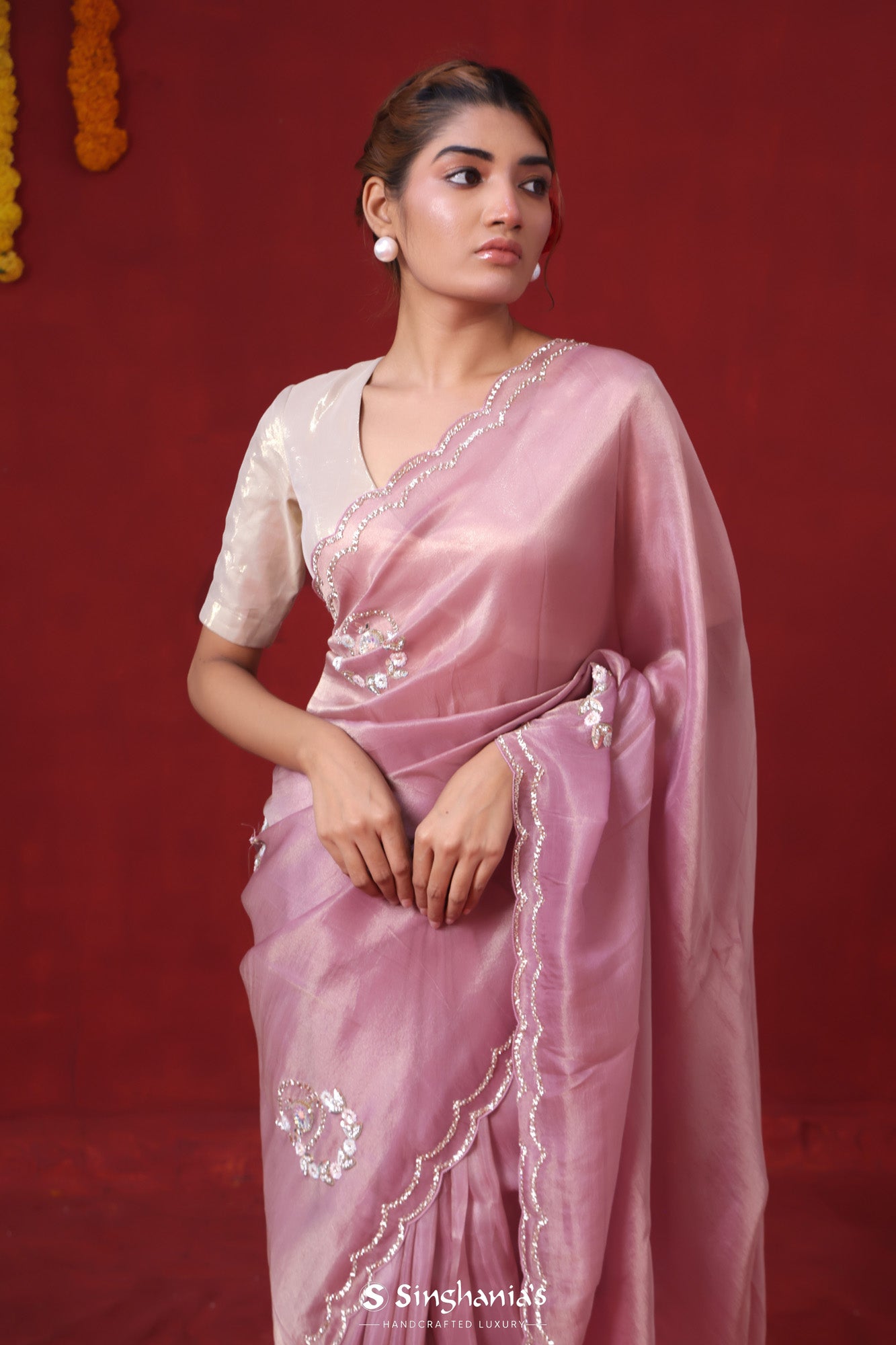 Carnation Pink Tissue Organza Saree With Hand Embroidery