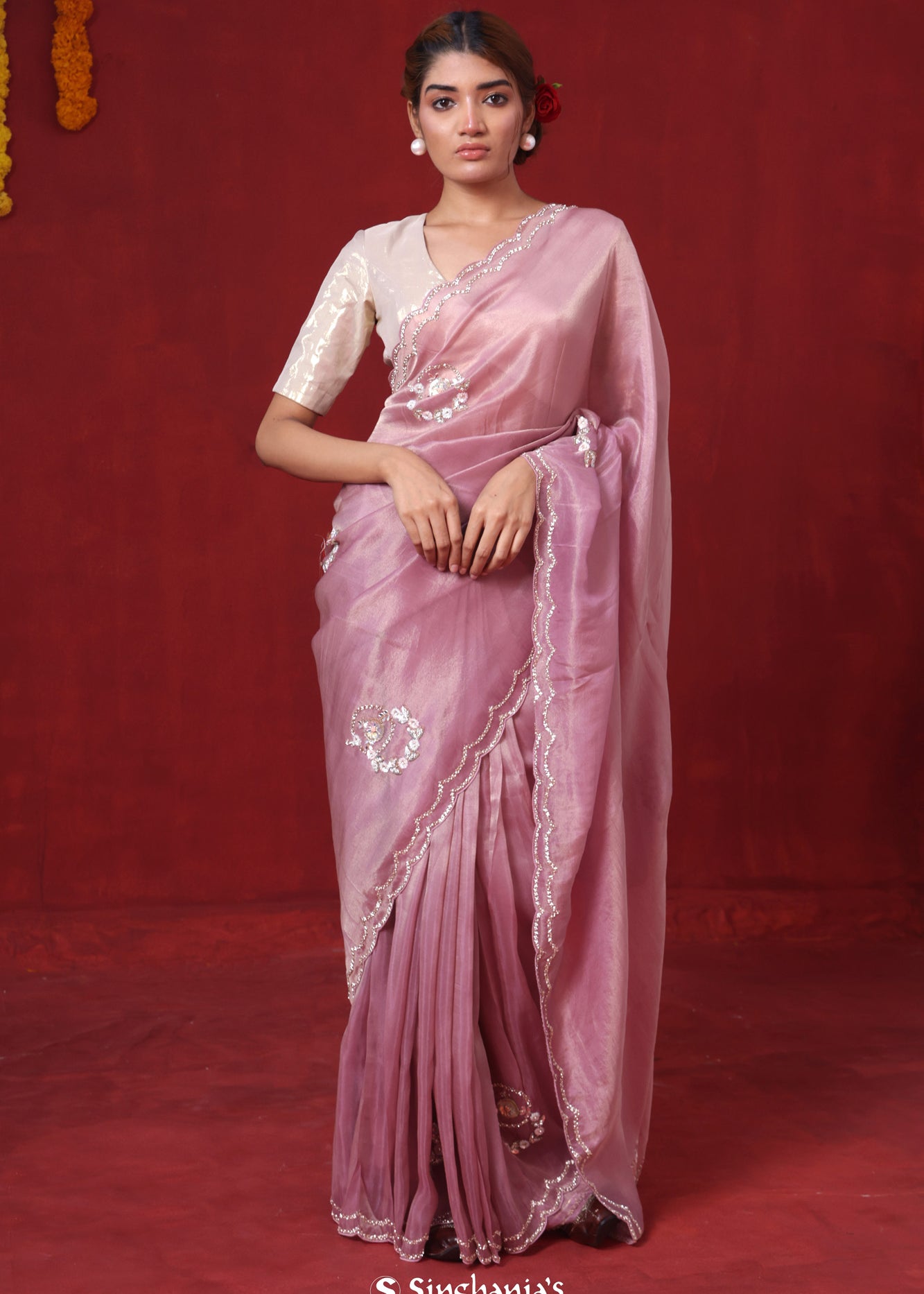 Carnation Pink Tissue Organza Saree With Hand Embroidery