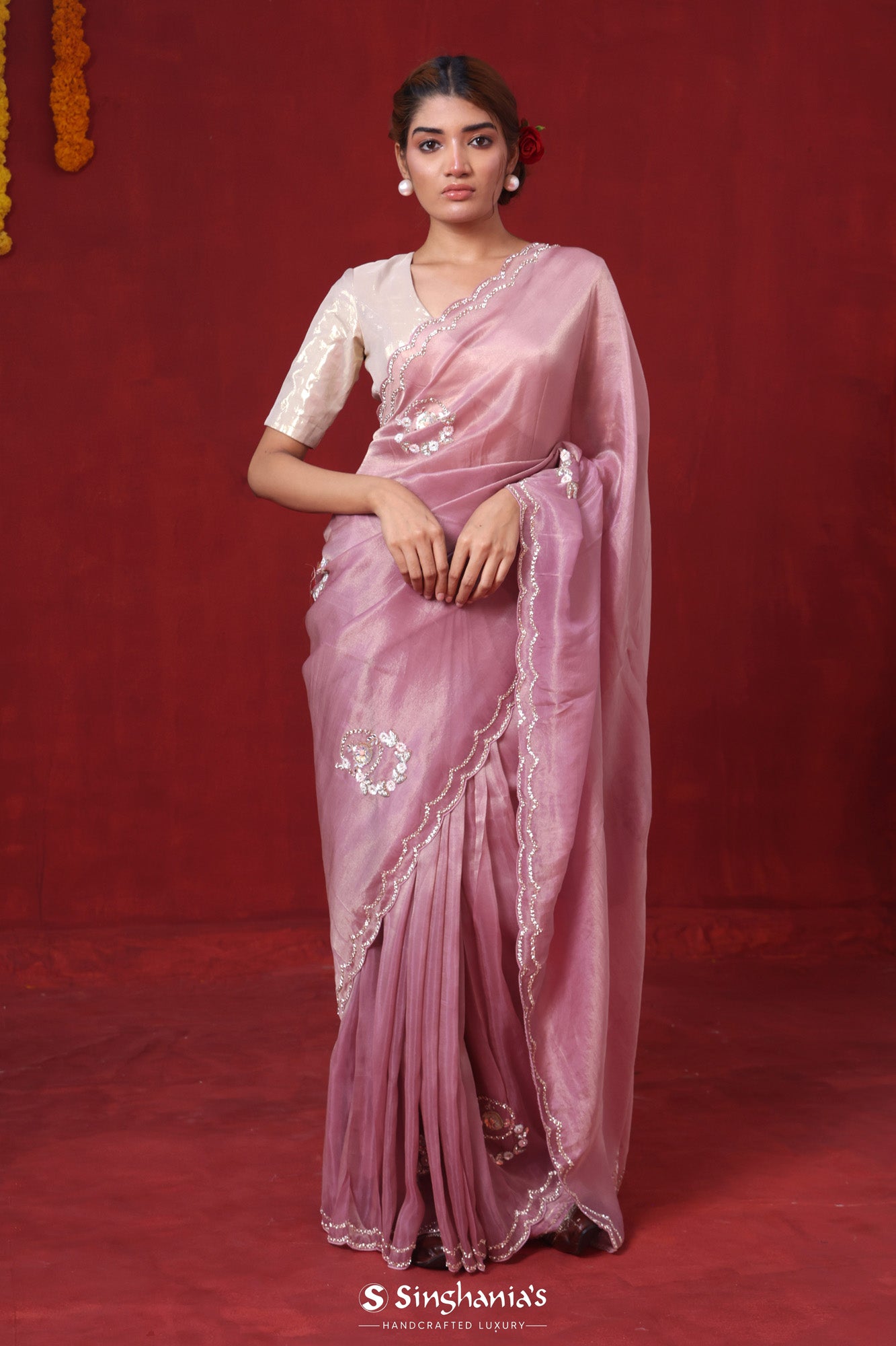 Carnation Pink Tissue Organza Saree With Hand Embroidery