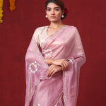 Carnation Pink Tissue Organza Saree With Hand Embroidery
