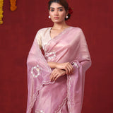 Carnation Pink Tissue Organza Saree With Hand Embroidery