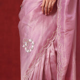 Carnation Pink Tissue Organza Saree With Hand Embroidery