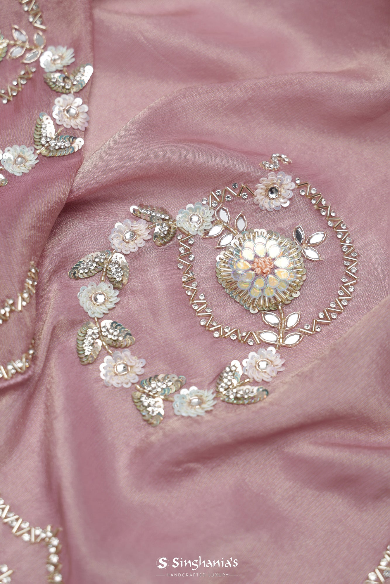 Carnation Pink Tissue Organza Saree With Hand Embroidery