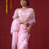 Taffy Pink Tissue Organza Saree With Hand Embroidery