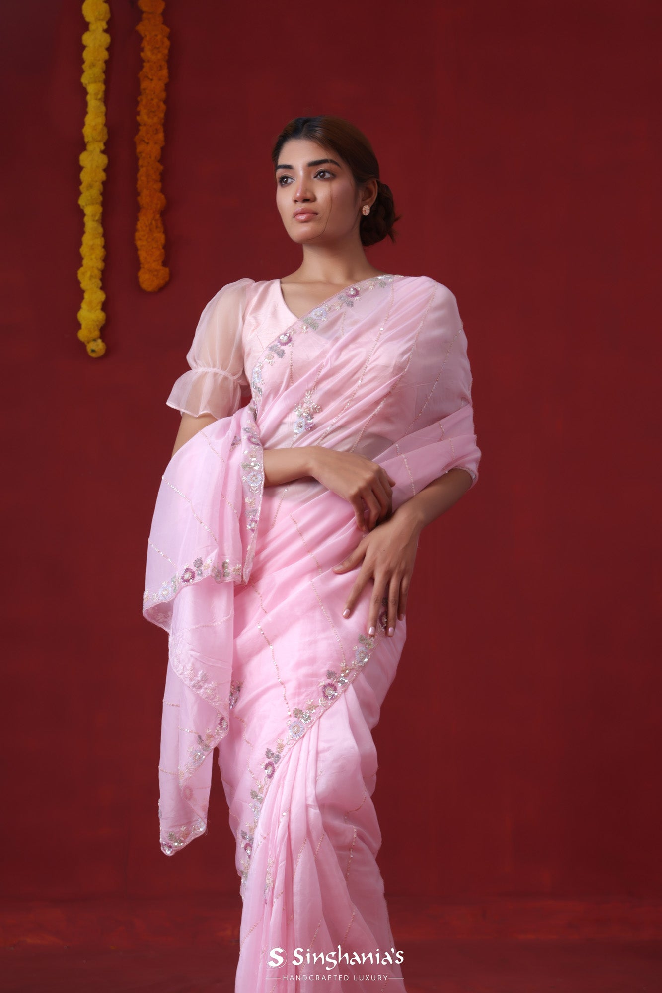 Taffy Pink Tissue Organza Saree With Hand Embroidery