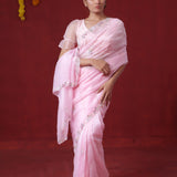 Taffy Pink Tissue Organza Saree With Hand Embroidery