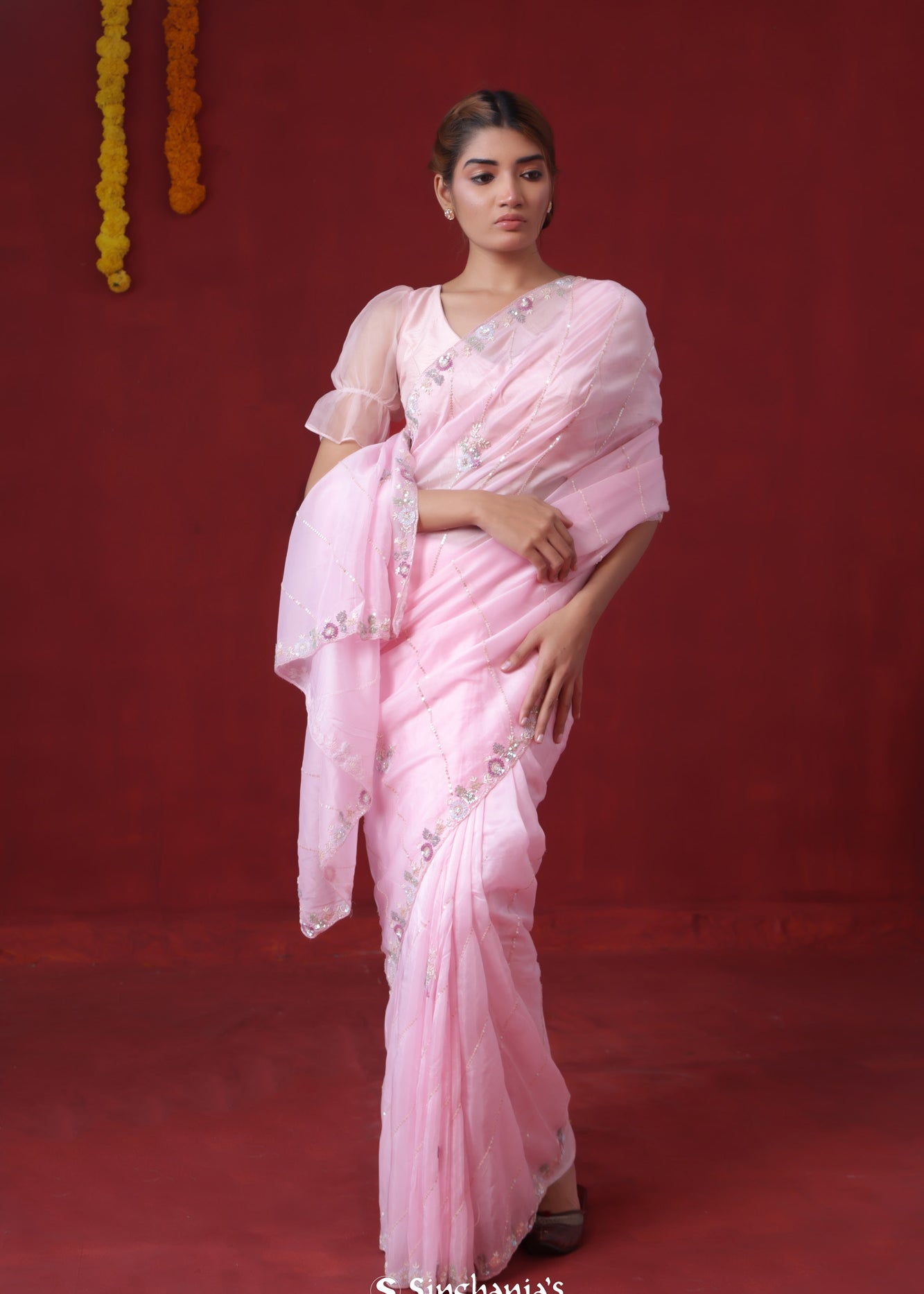 Taffy Pink Tissue Organza Saree With Hand Embroidery