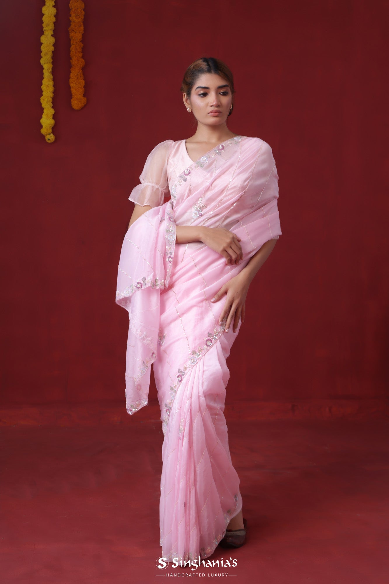 Taffy Pink Tissue Organza Saree With Hand Embroidery