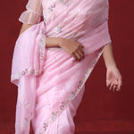 Taffy Pink Tissue Organza Saree With Hand Embroidery