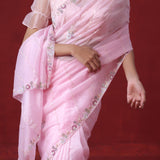 Taffy Pink Tissue Organza Saree With Hand Embroidery
