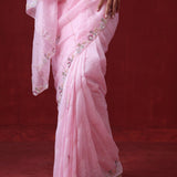 Taffy Pink Tissue Organza Saree With Hand Embroidery