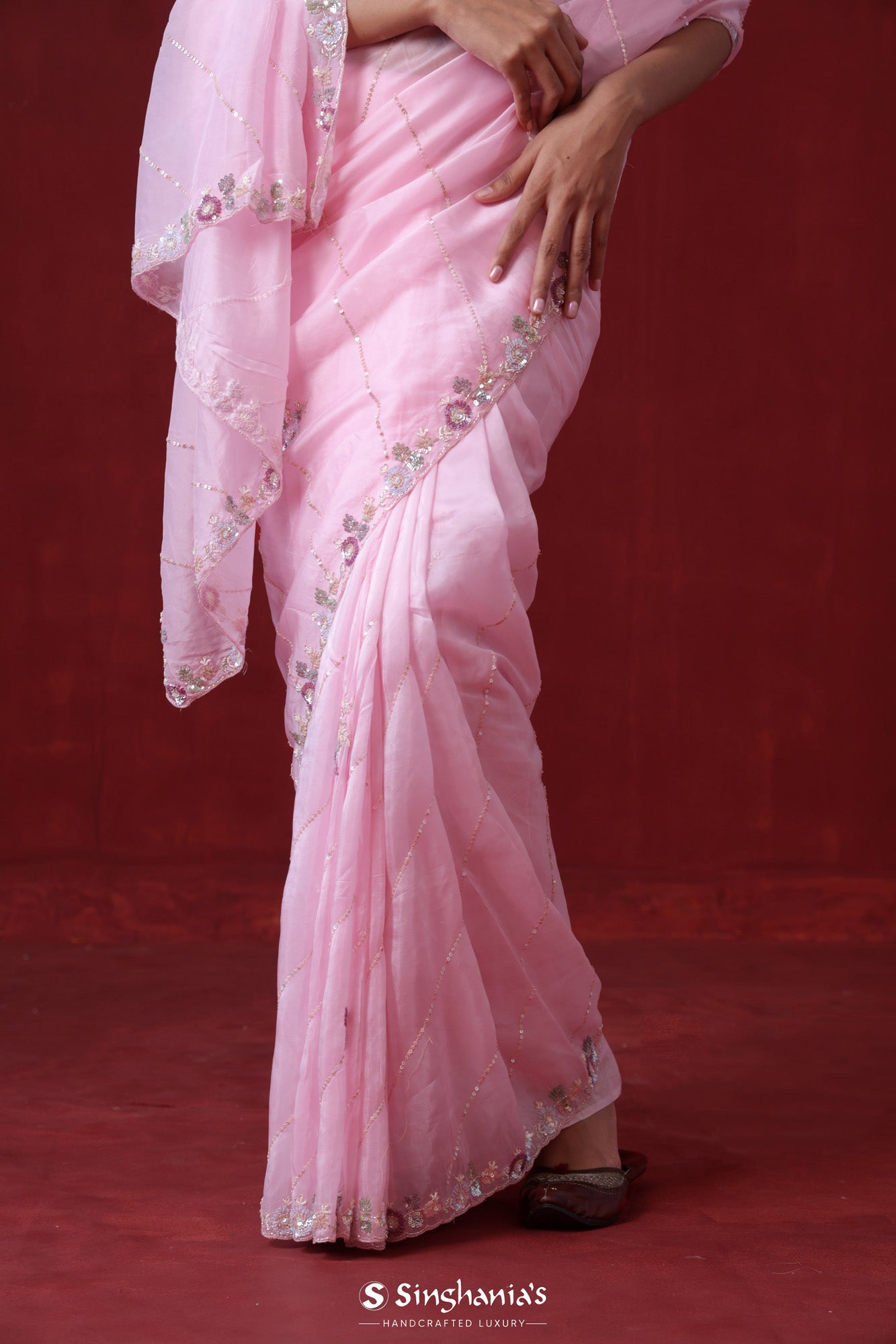 Taffy Pink Tissue Organza Saree With Hand Embroidery