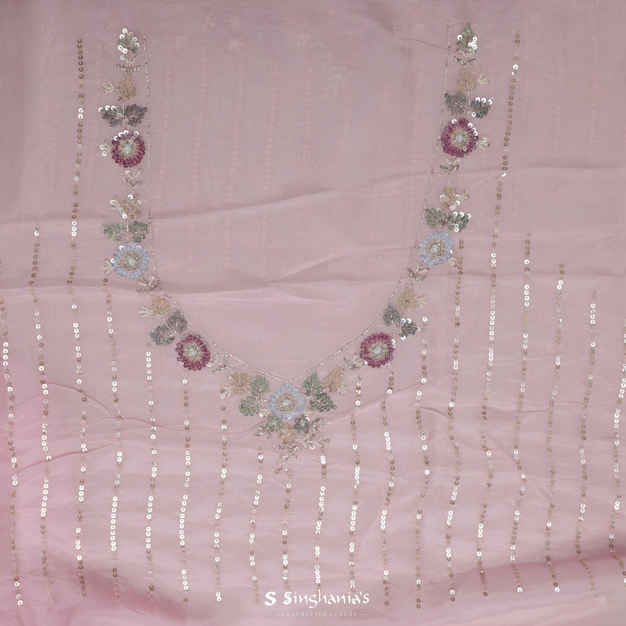 Taffy Pink Tissue Organza Saree With Hand Embroidery