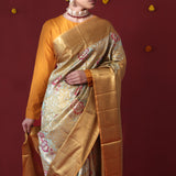 Green Gold Tissue Kanjivaram Saree With Floral Jaal Weaving