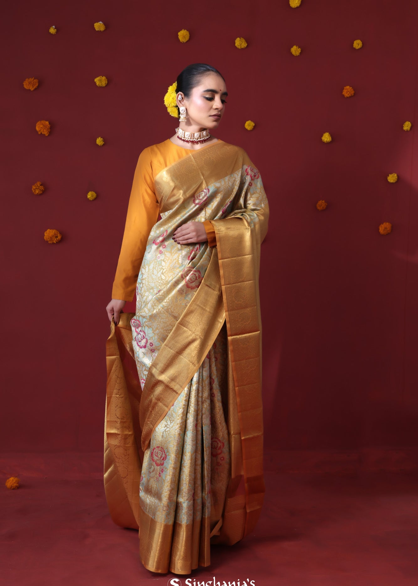 Green Gold Tissue Kanjivaram Saree With Floral Jaal Weaving